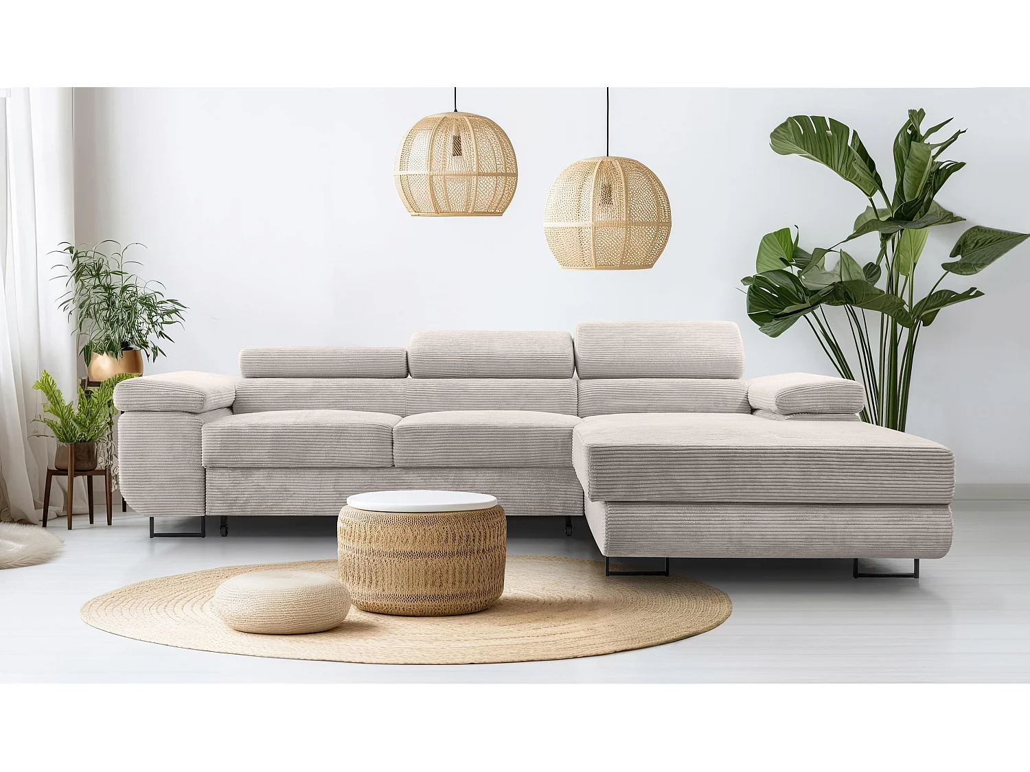 AX LIVING Canapé d’angle en velours côtelé Arborio 280 cm blanc doux D