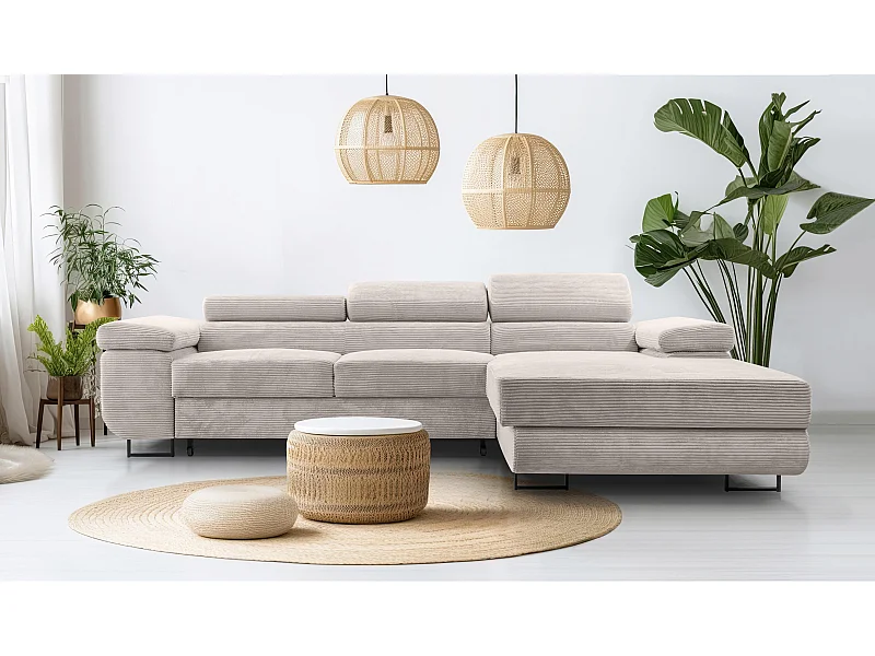 AX LIVING Canapé d’angle en velours côtelé Arborio 280 cm blanc doux D