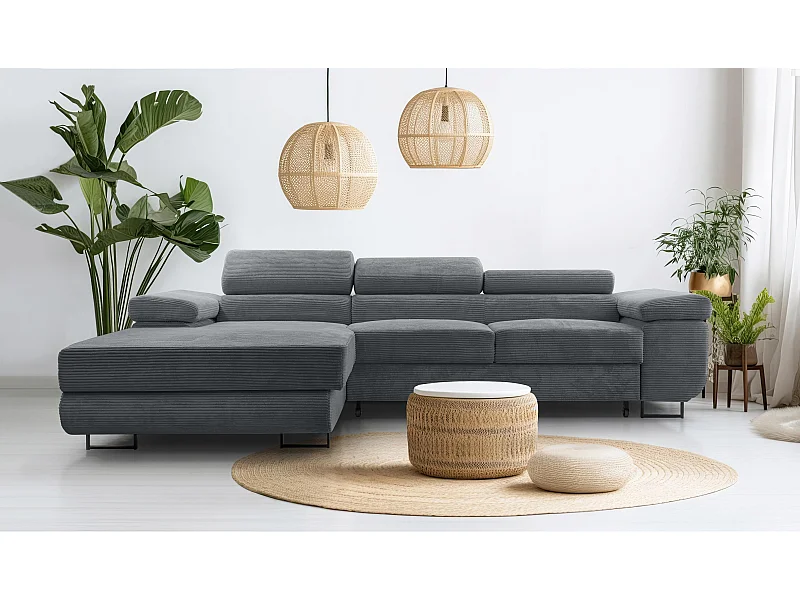 AX LIVING Canapé d’angle en velours côtelé Arborio 280 cm gris foncé G