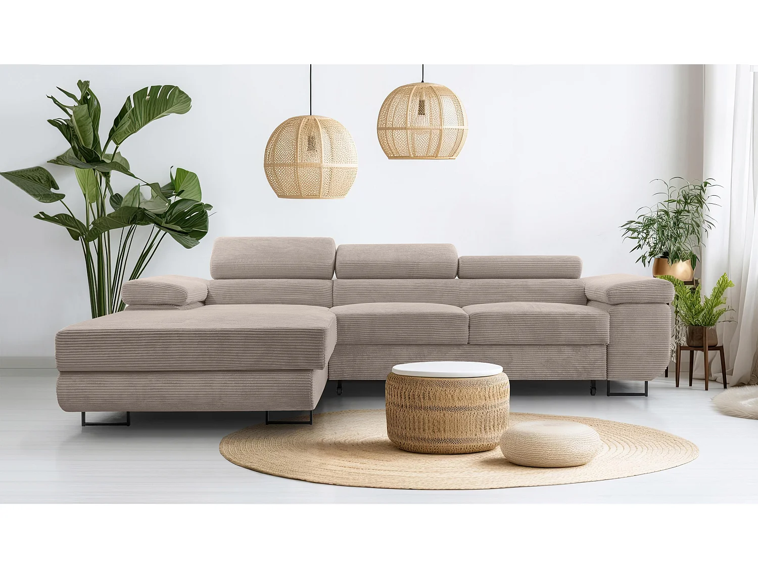 AX LIVING Canapé d’angle en velours côtelé Arborio – 280 cm beige G