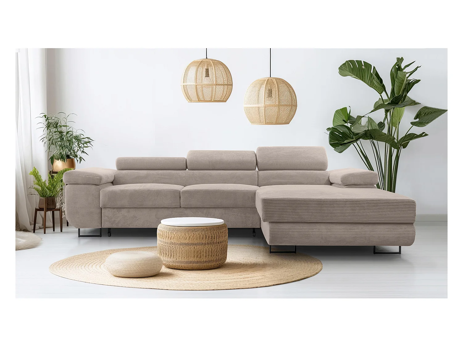 AX LIVING Arborio beige hoekbank 280cm slaapfunctie en opbergruimte R