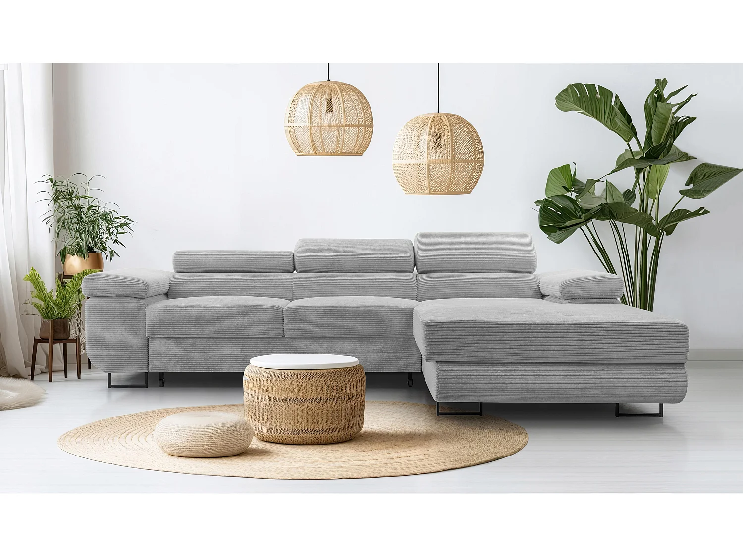 AX LIVING Canapé d’angle en velours côtelé Arborio 280 cm gris clair D