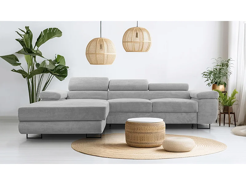 AX LIVING Canapé d’angle en velours côtelé Arborio 280 cm gris clair G