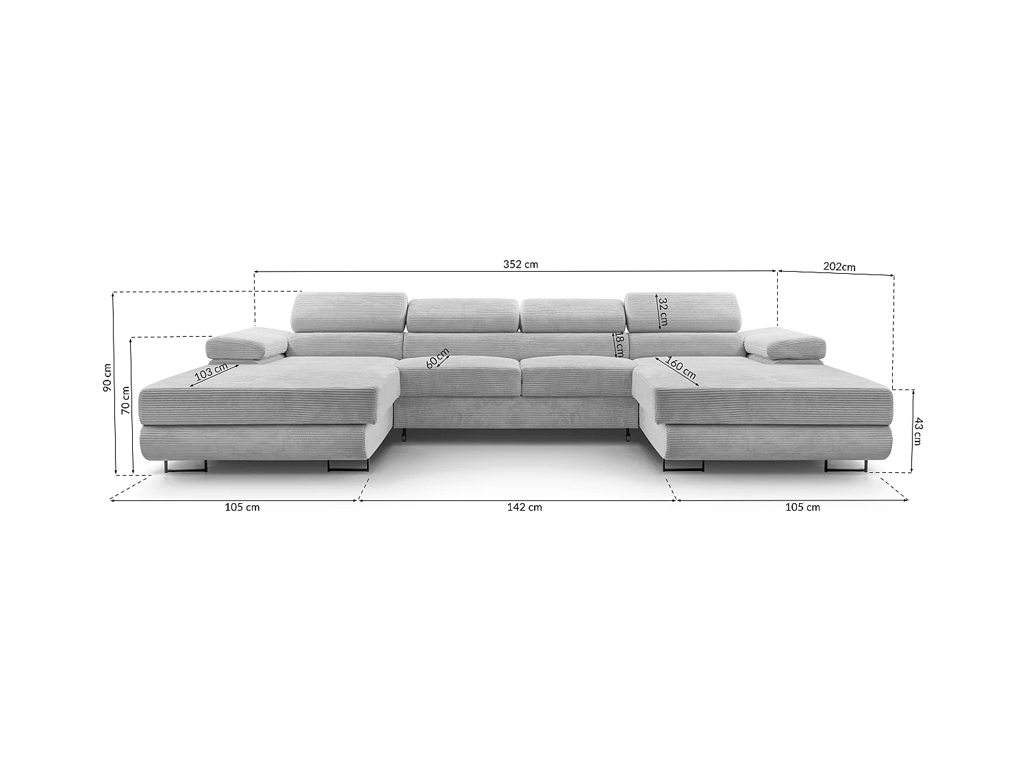 AX LIVING Sofa U Form mit Schlaffunktion Arborio U 352cm in Dunkelgrau