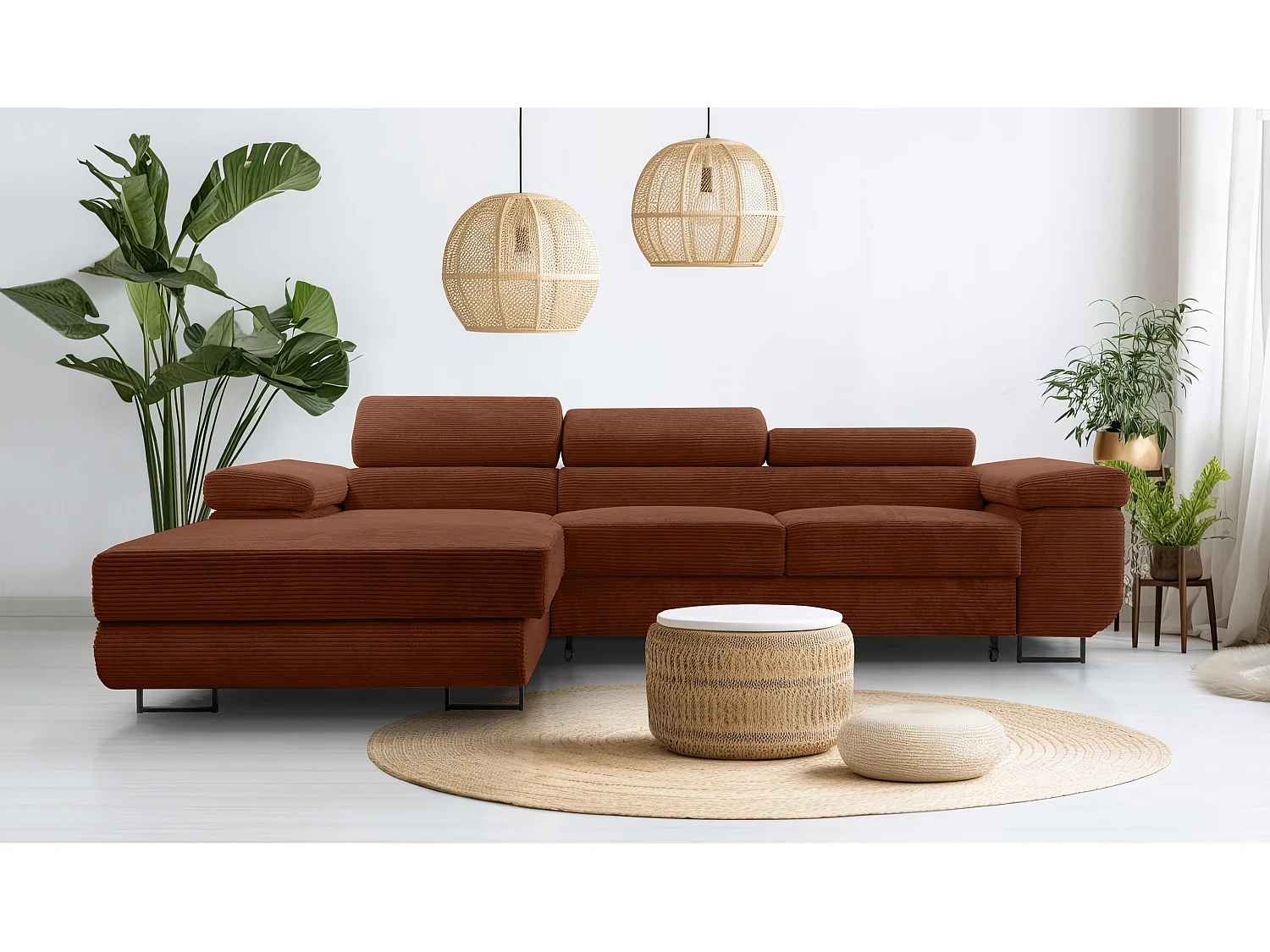 AX LIVING Canapé d’angle en velours côtelé Arborio 280 rouge brique G