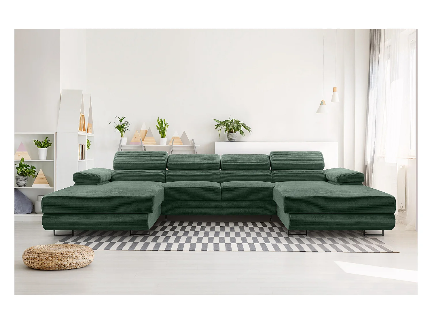 AX LIVING Sofa U Form mit Schlaffunktion Arborio U 352cm in Dunkelgrün