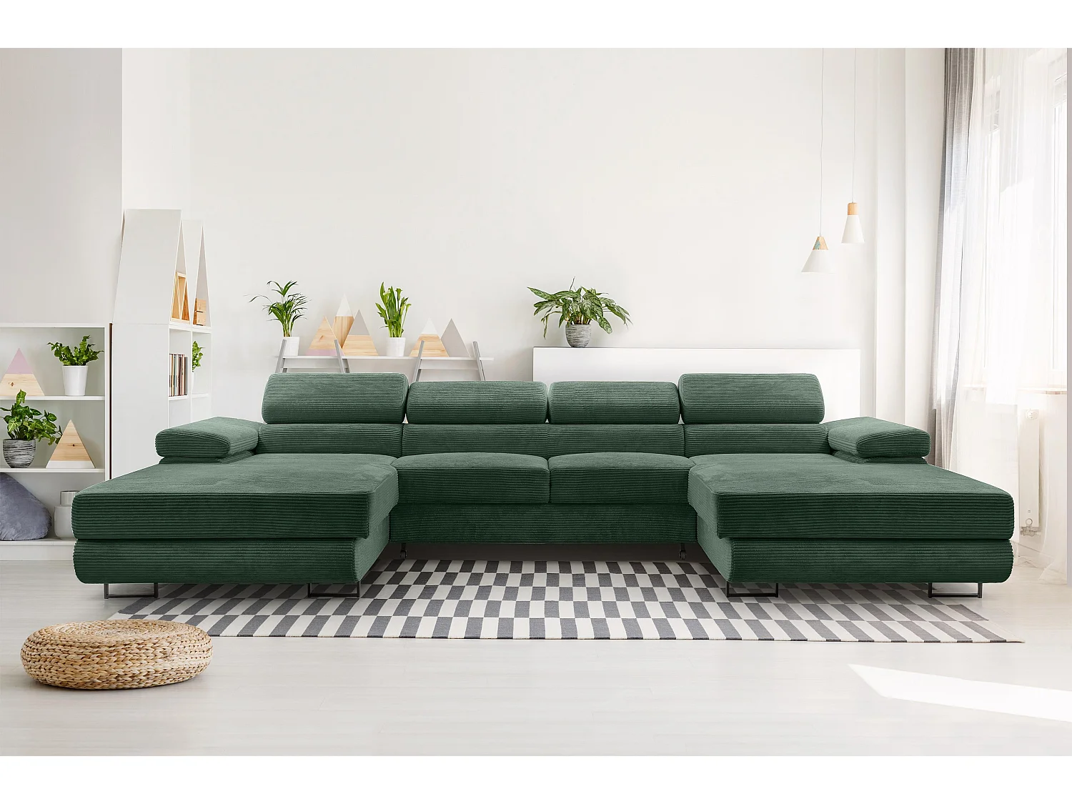 AX LIVING Arborio donkergroene hoekbank – 352 cm met slaapfunctie