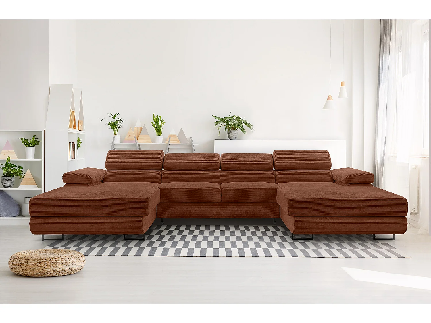 AX LIVING Canapé en U avec fonction lit – Arborio U 352cm rouge brique