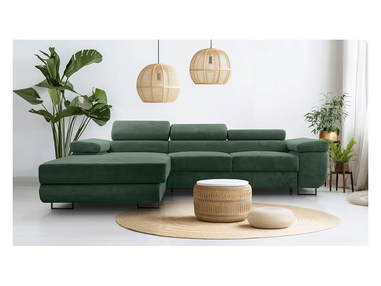 AX LIVING Arborio donkergroene hoekbank – 280 cm met slaapfunctie L