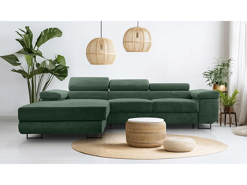 AX LIVING Canapé d’angle en velours côtelé Arborio 280 cm vert foncé G