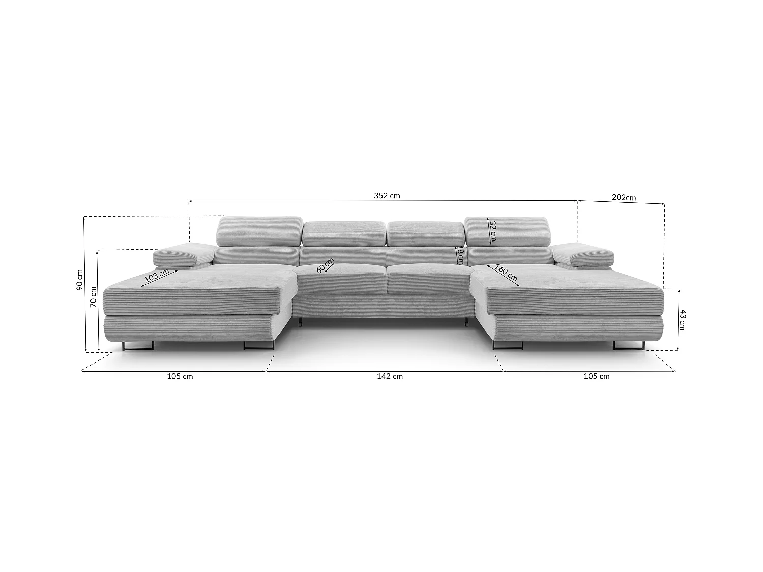 AX LIVING Arborio lichtgrijze hoekbank – 352 cm met slaapfunctie