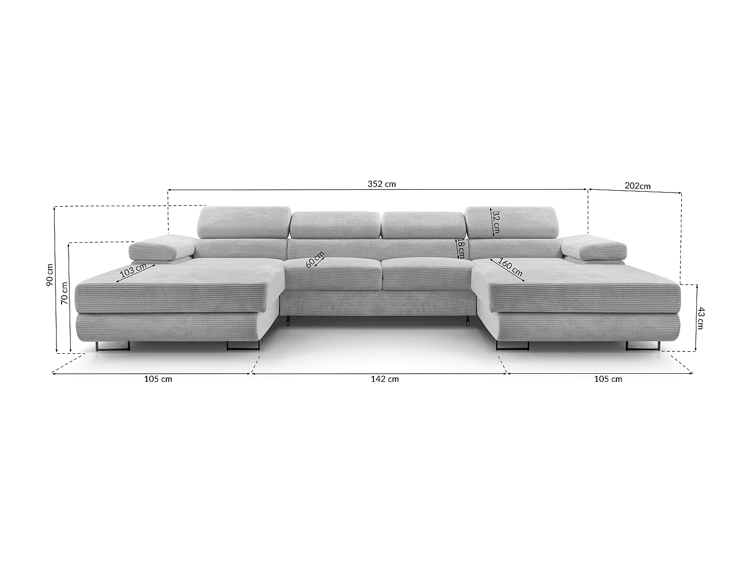 AX LIVING Canapé en U avec fonction lit – Arborio U 352 cm gris clair