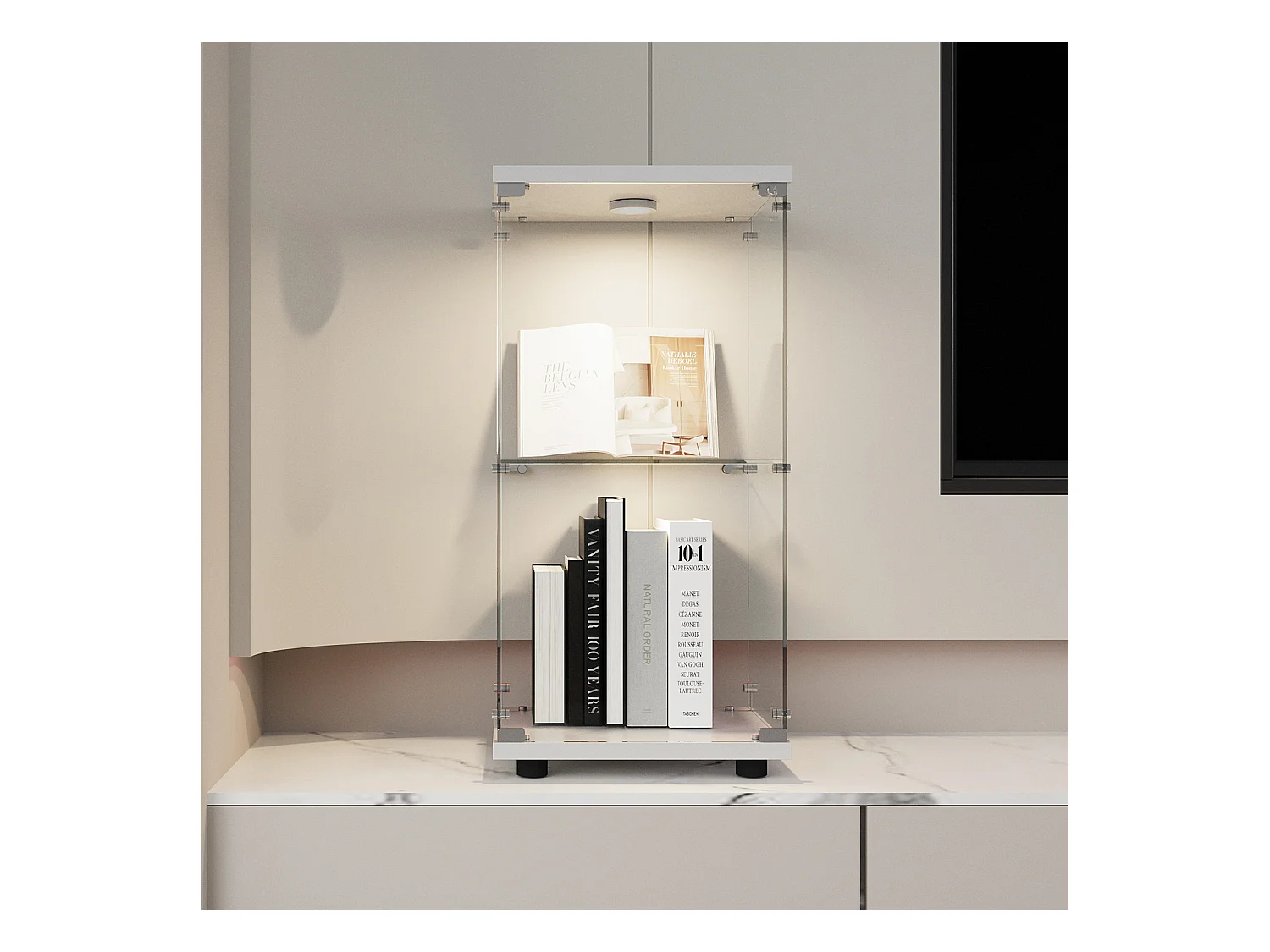 Vitrine de vidro de parede dupla 40*86*36,5 cm, com trava anti-roubo e iluminação LED, branca