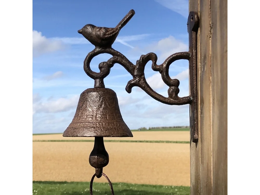 Cloche de jardin de porte ancienne oiseau fonte marron 14x17cm