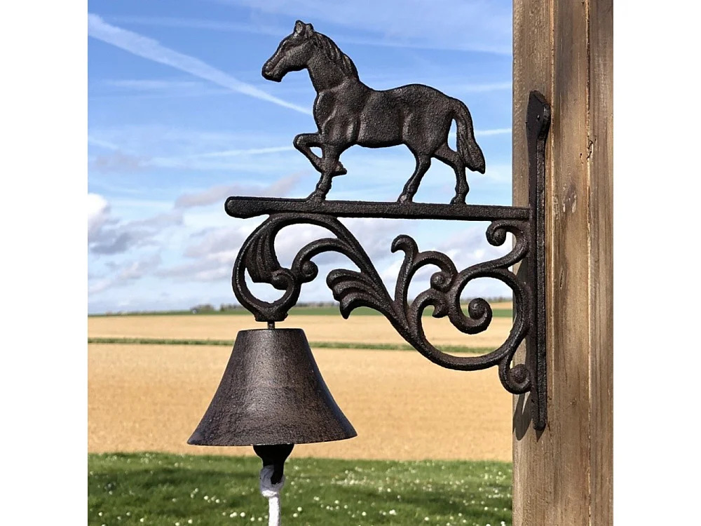 Cloche de jardin de porte ancienne cheval fonte marron 23x26cm