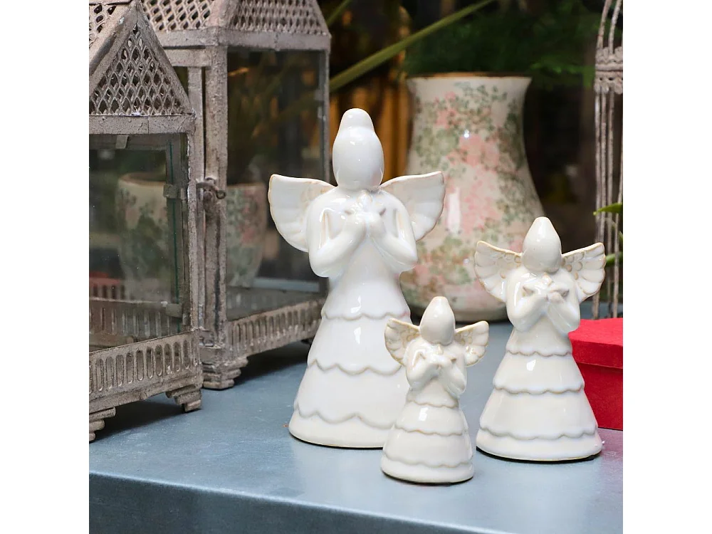 Statue statuette sculpture déco ange Noël céramique blanche 19cm