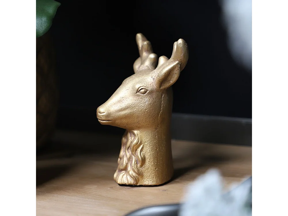 Statue statuette sculpture décoration de Noël cerf béton doré 16.5cm
