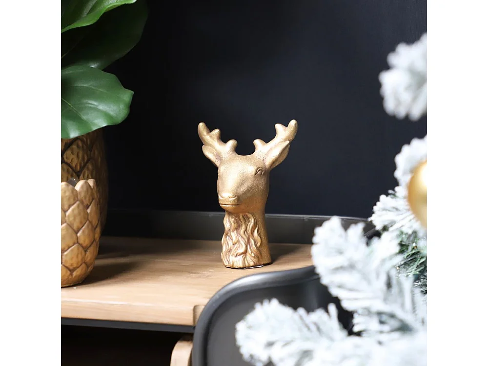 Statue statuette sculpture décoration de Noël cerf béton doré 16.5cm