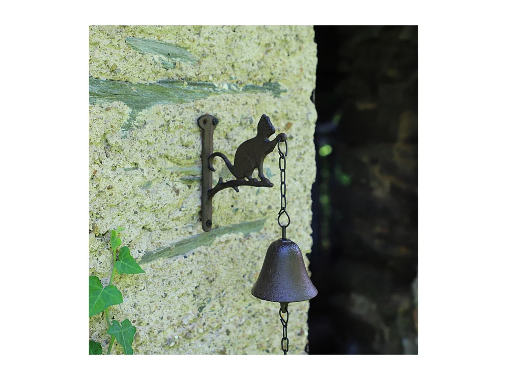 Cloche de jardin de porte ancienne chat en fonte marron 16 x 23 cm