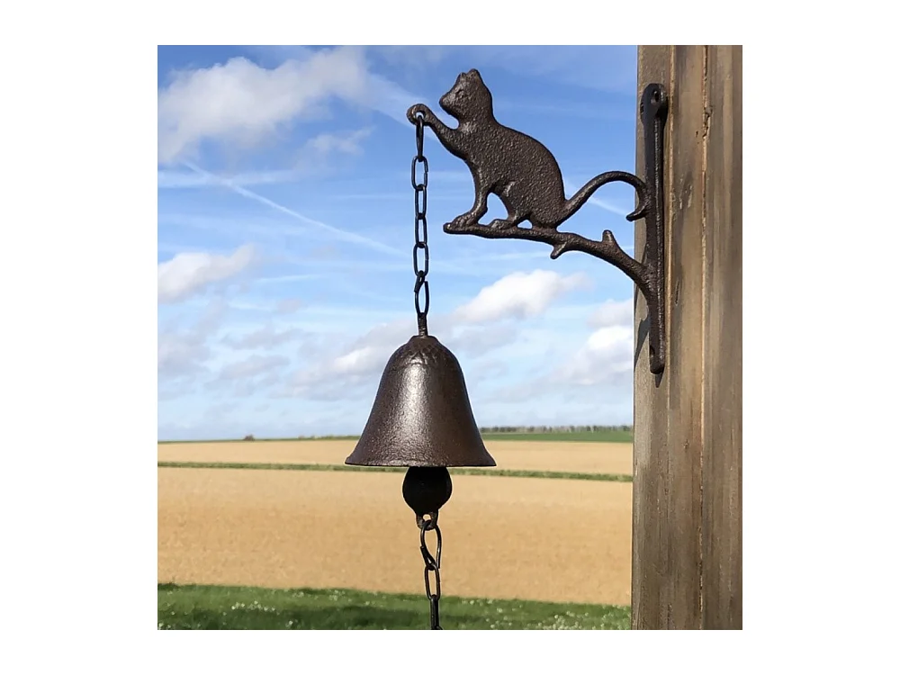 Cloche de jardin de porte ancienne chat en fonte marron 16 x 23 cm
