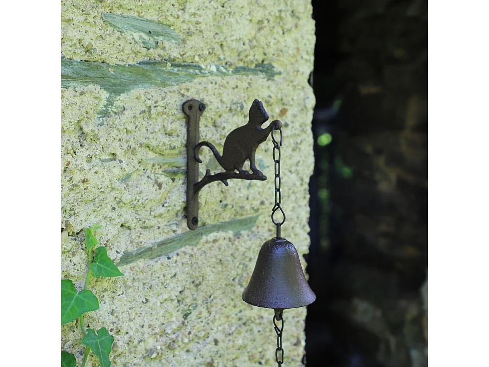 Cloche de jardin de porte ancienne chat en fonte marron 16 x 23 cm