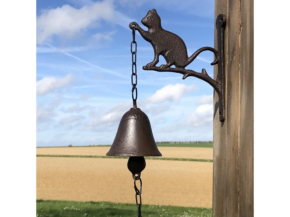 Cloche de jardin de porte ancienne chat en fonte marron 16 x 23 cm