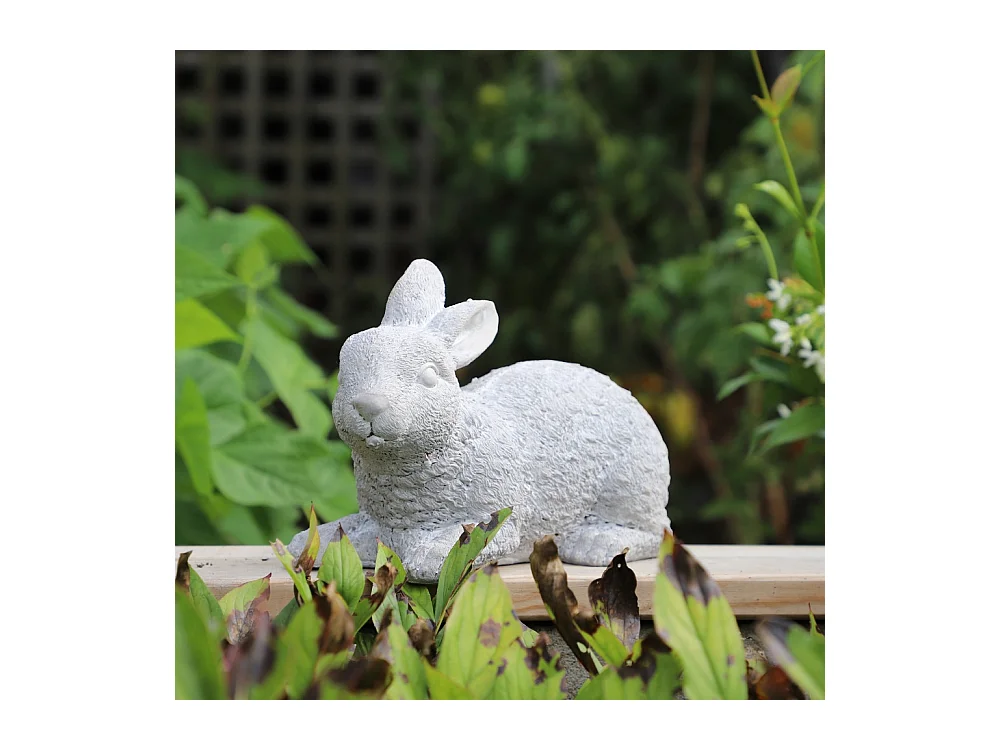 Lapin de jardin couché en béton gris 30 x 14 x 19 cm