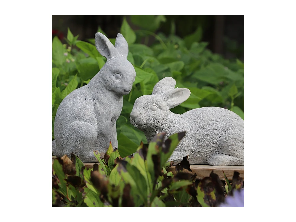 Lapin de jardin couché en béton gris 30 x 14 x 19 cm