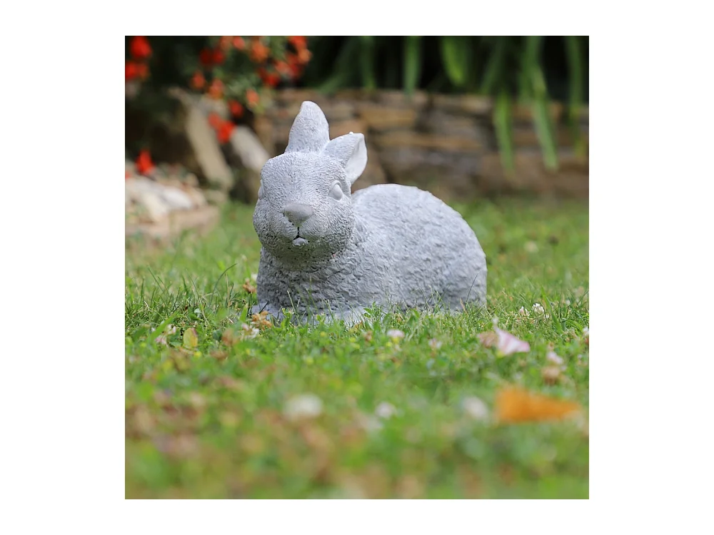 Lapin de jardin couché en béton gris 30 x 14 x 19 cm