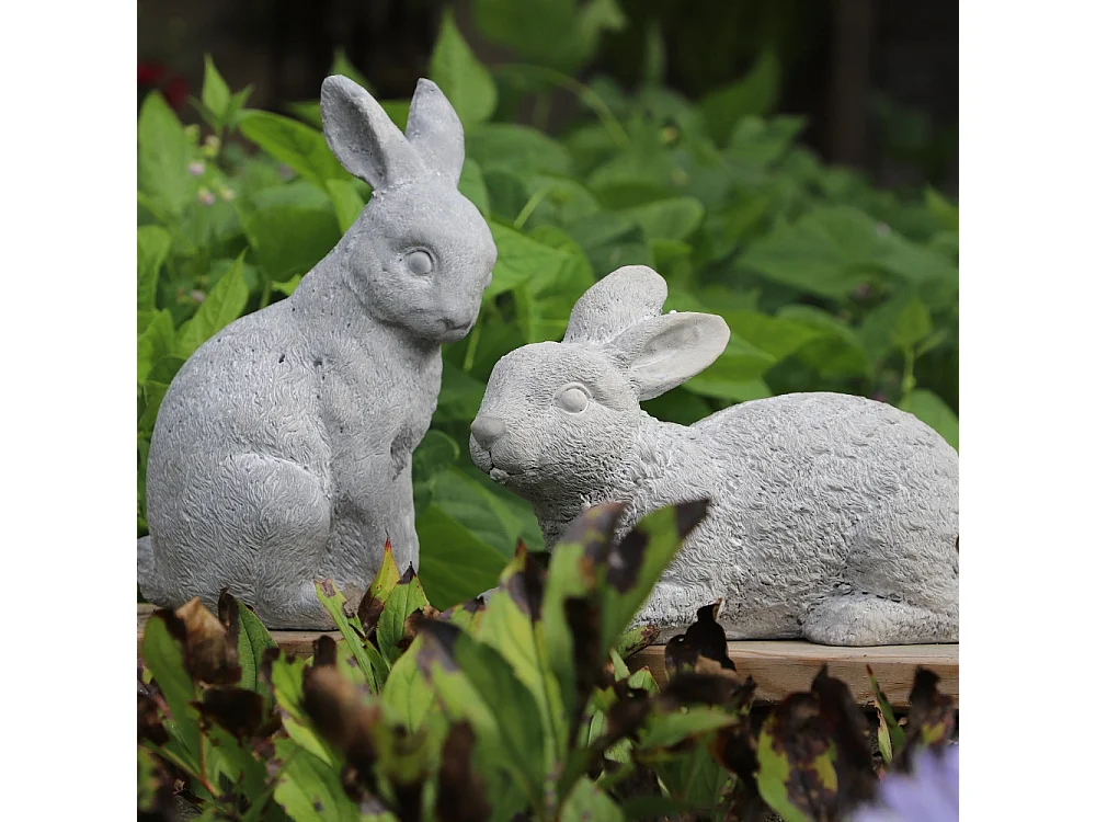 Lapin de jardin couché en béton gris 30 x 14 x 19 cm