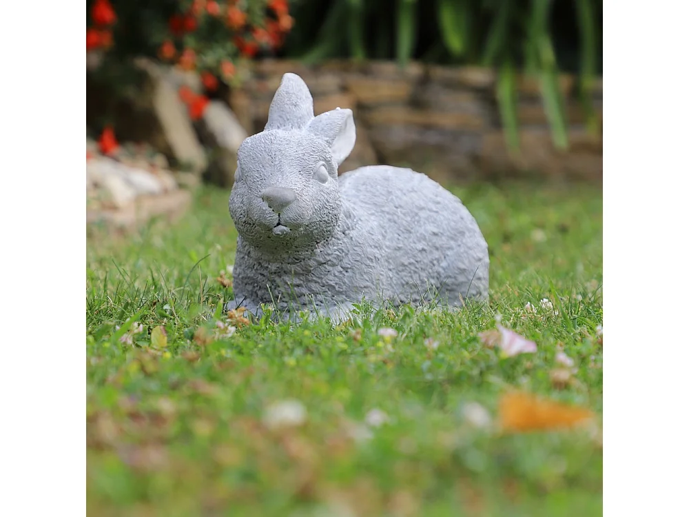 Lapin de jardin couché en béton gris 30 x 14 x 19 cm