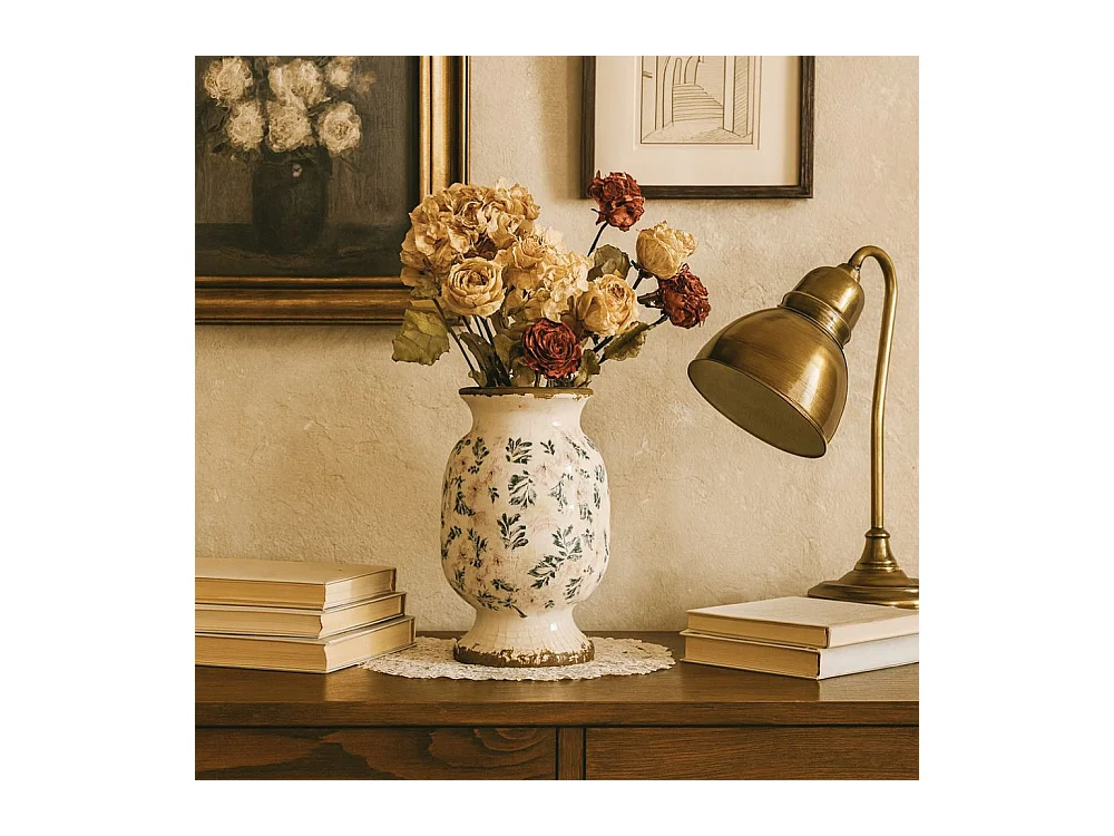 Vase en céramique émaillée"Fleurs bleues et rose" Ø20 x 32 cm