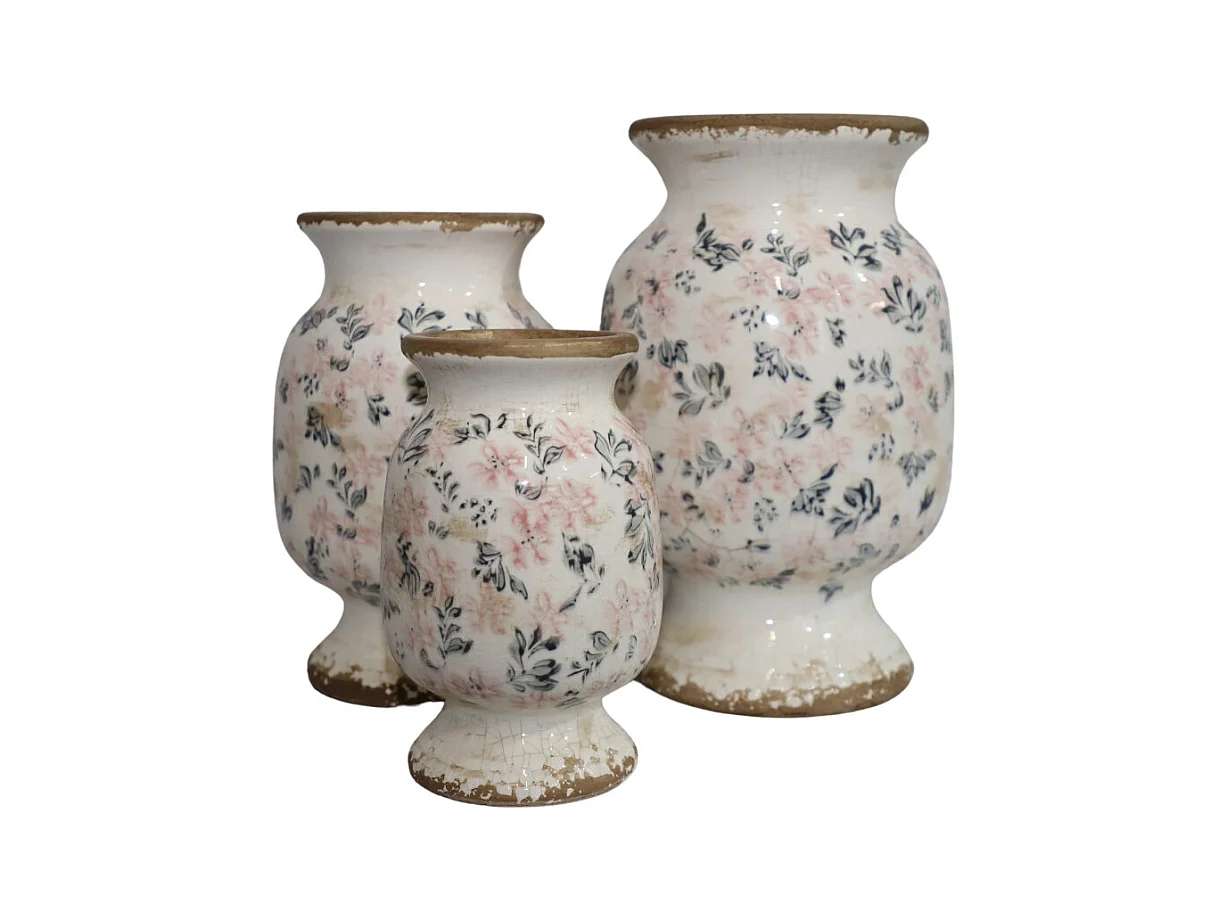 Vase en céramique émaillée"Fleurs bleues et rose" Ø20 x 32 cm