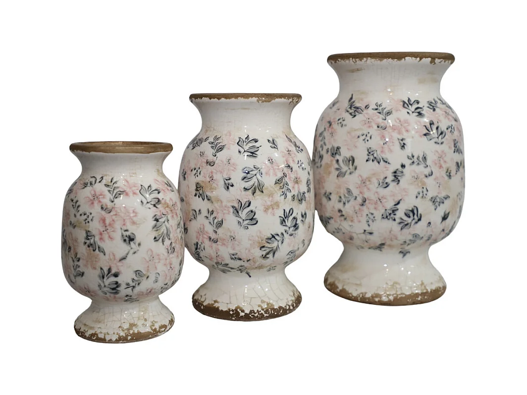 Vase en céramique émaillée"Fleurs bleues et rose" Ø20 x 32 cm