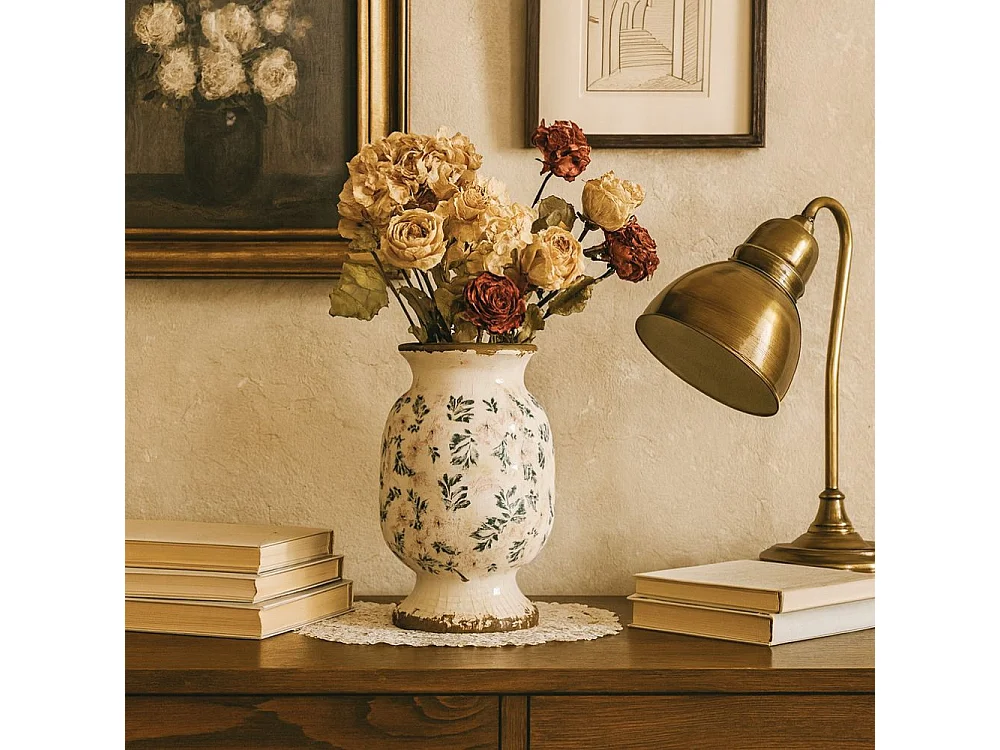 Vase en céramique émaillée"Fleurs bleues et rose" Ø20 x 32 cm