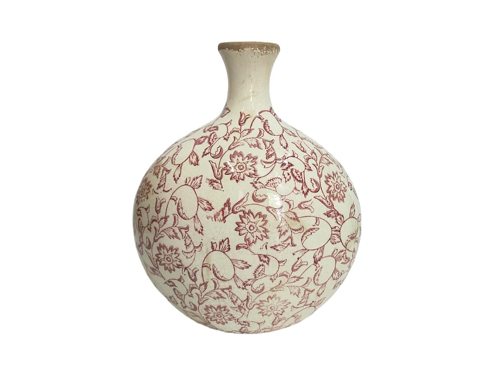 Jarre vase en céramique beige et bordeaux 27 x 17.5 x 33 cm