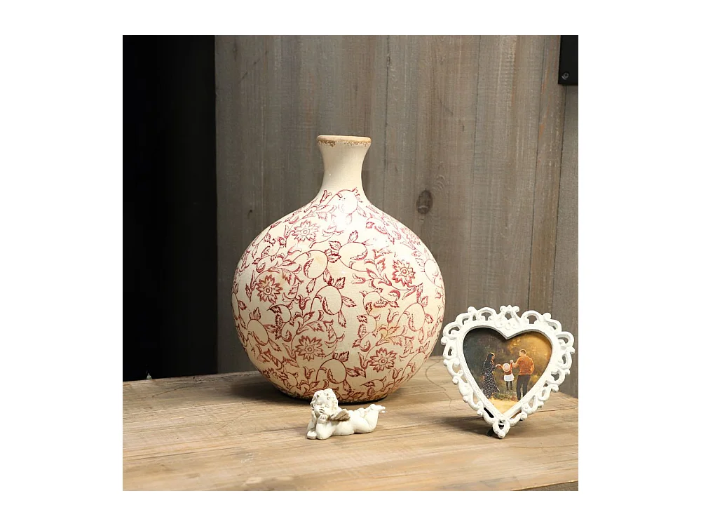 Jarre vase en céramique beige et bordeaux 27 x 17.5 x 33 cm