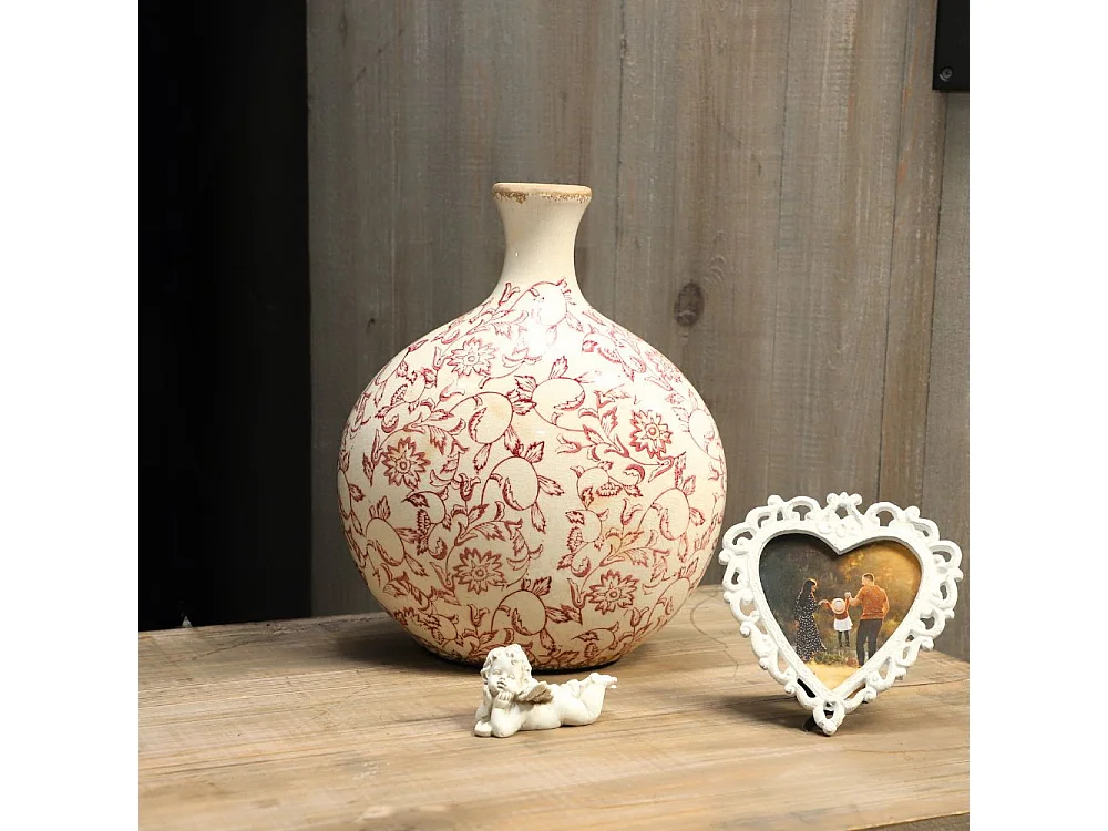 Jarre vase en céramique beige et bordeaux 27 x 17.5 x 33 cm