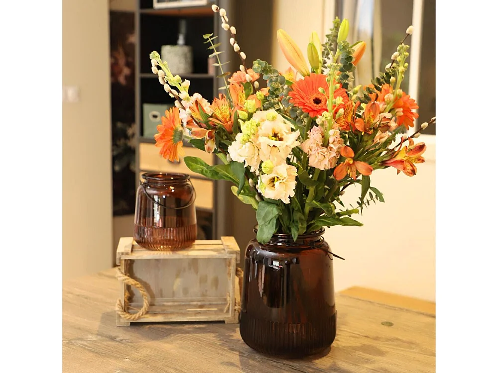 Vase "Strié" avec anse métallique - Ambre Ø.19 x Ht.20 cm