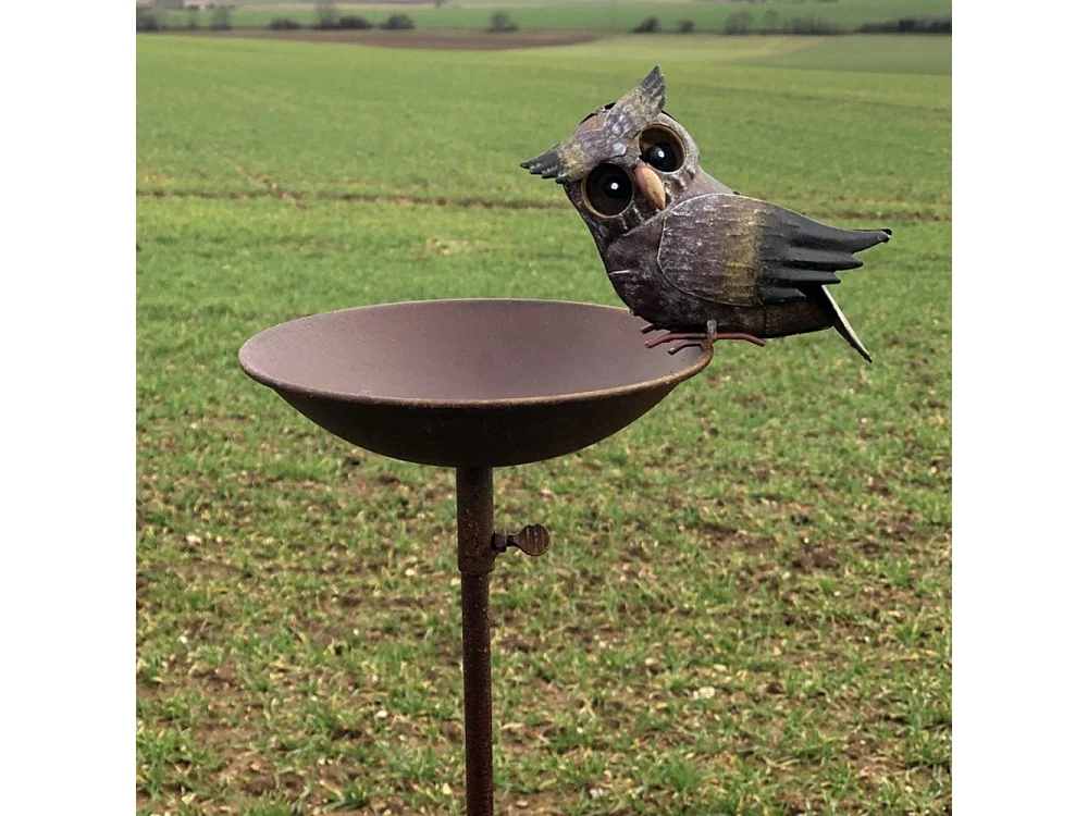 Mangeoire à oiseaux pique jardin abreuvoir hiboux fer marron 125cm