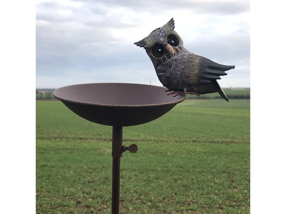 Mangeoire à oiseaux pique jardin abreuvoir hiboux fer marron 125cm