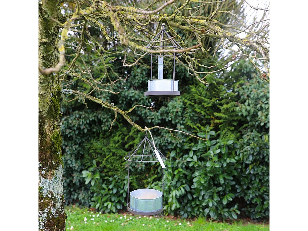 Set2 Mangeoires oiseaux abreuvoir jardin métal gris 28.5-41cm