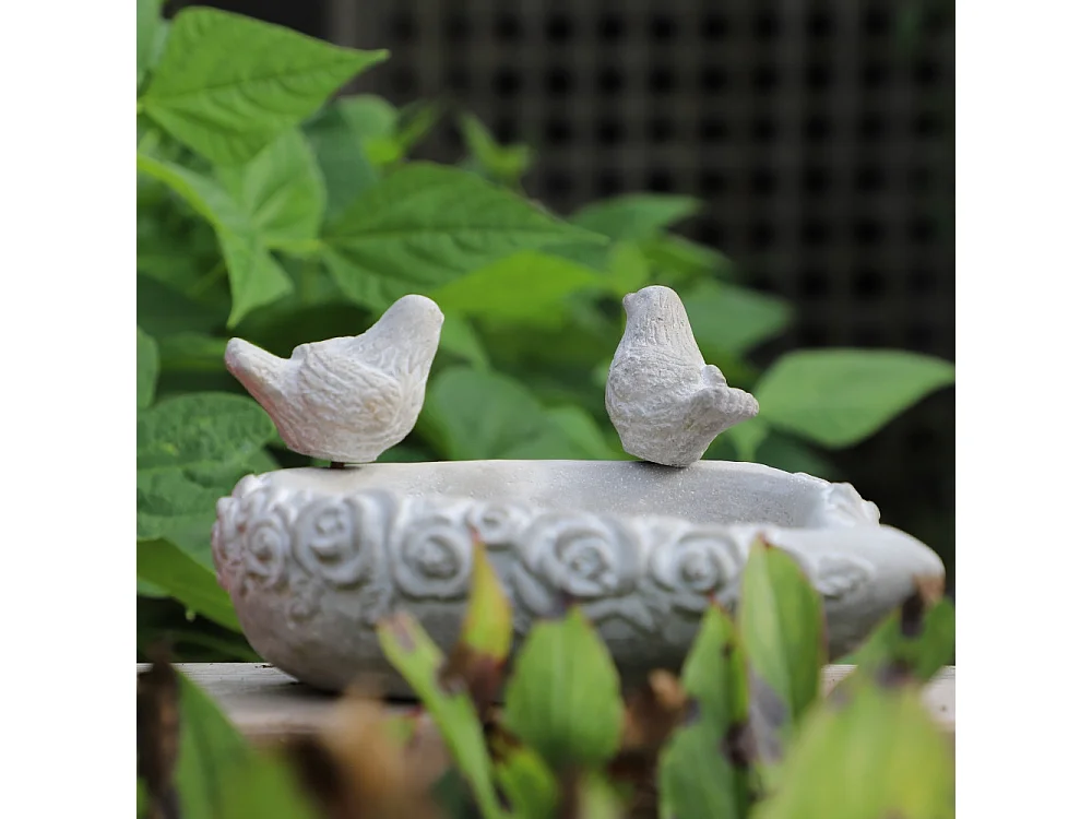 Mangeoire à oiseaux sur pied coeur abreuvoir jardin béton gris 19cm