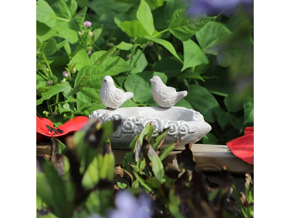 Mangeoire à oiseaux sur pied coeur abreuvoir jardin béton gris 19cm