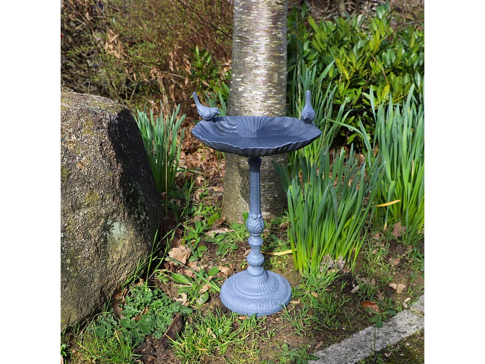 Mangeoire à oiseaux sur pied abreuvoir jardin fonte grise 50cm