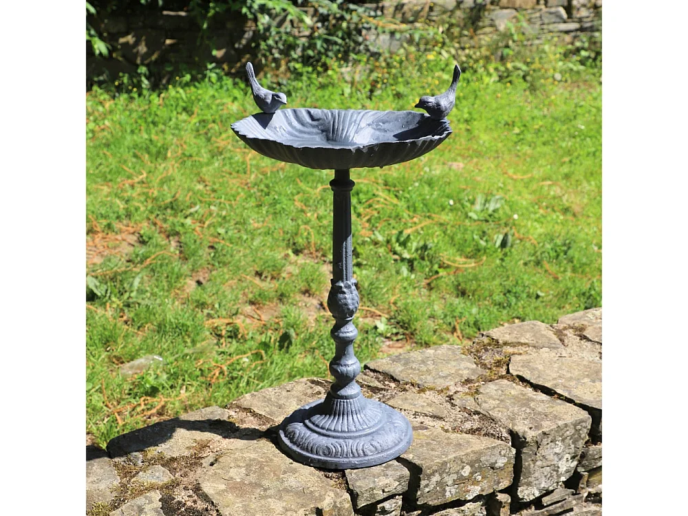 Mangeoire à oiseaux sur pied abreuvoir jardin fonte grise 50cm