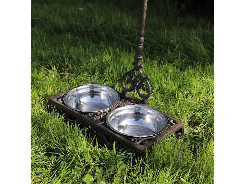 Double gamelle en fonte marron et métal gris 41 x 20 x 8 cm