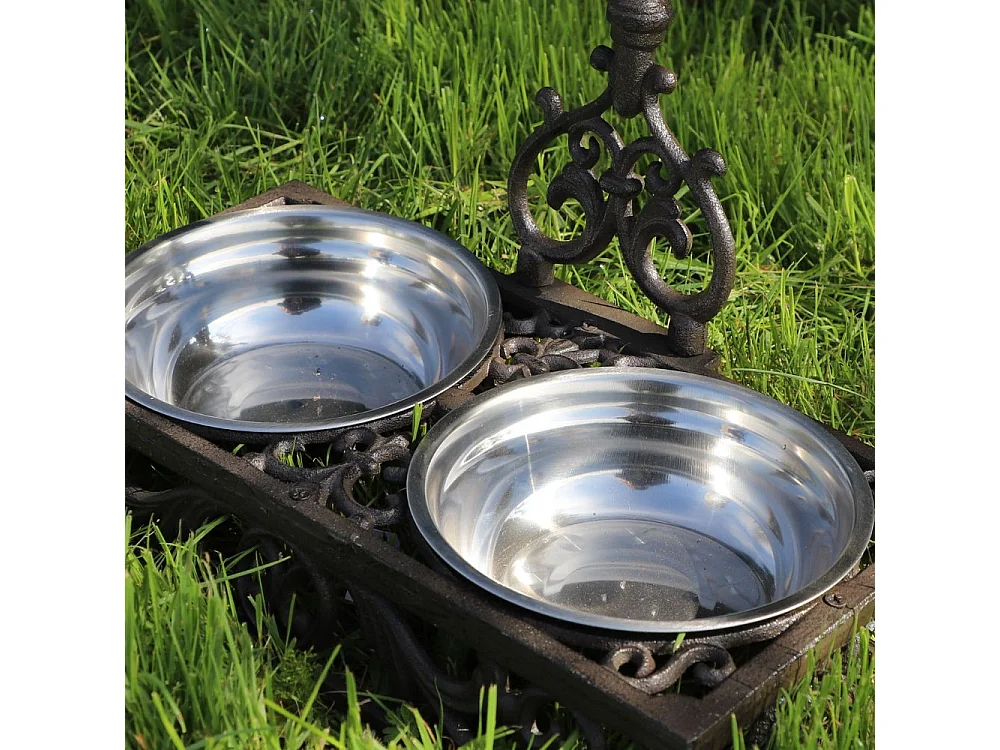 Double gamelle en fonte marron et métal gris 41 x 20 x 8 cm