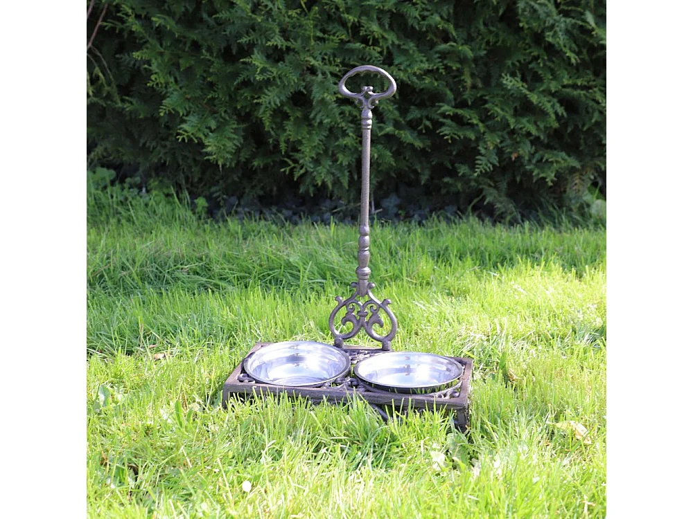 Double gamelle en fonte marron et métal gris 41 x 20 x 8 cm