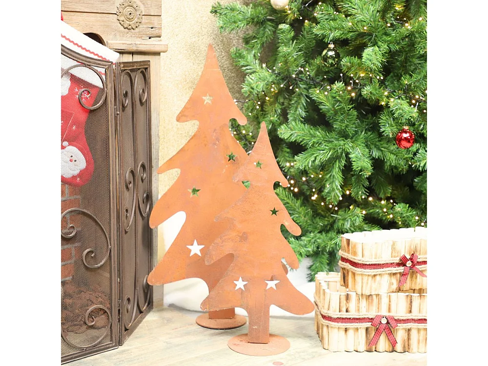 Sapin de Noël décoratif jardin extérieur métal rouillé marron 31x60cm